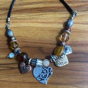 Boho Mixed Metal Heart Charm Necklace – Amber & Silver Beads